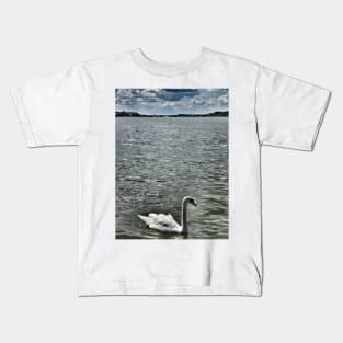 White beautiful swan on Danube river in Belgrade Kids T-Shirt